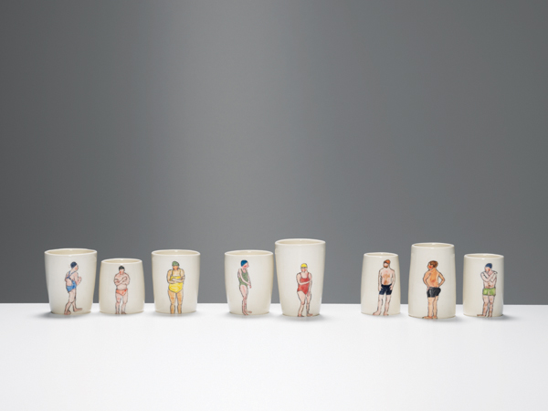 1 Helen Beard’s Saturday Morning Swimming Club, to 3 in. (8 cm) in height, wheel-thrown, hand-painted porcelain, fired to 2246°F (1230°C), 2018. Photo: Michael Harvey.
