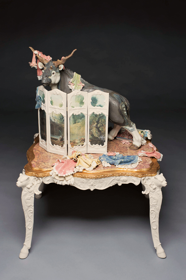 2 Haute Couture, 4 ft. 5 in. (1.4 m) in height, ceramic, porcelain table, fired to cone 5 in oxidation with slow cooling, decals, gold leaf, mixed media, grass flocking, 2018. Photo: Joshua Hobson.
