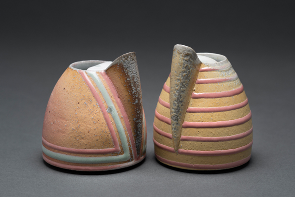 3 Austin Riddle’s creamers, 4 in. (10 cm) in height, porcelain, soda fired to cone 11, 2018. Photo: Robert Batey.