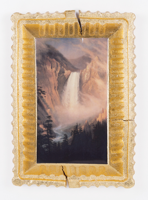 2 Evan Hauser’s Preservation and Use (Yellowstone Falls, Albert Bierstadt, 1881), 15 in. (38 cm) in height, porcelain, digital ceramic print, gold leaf, 2017.