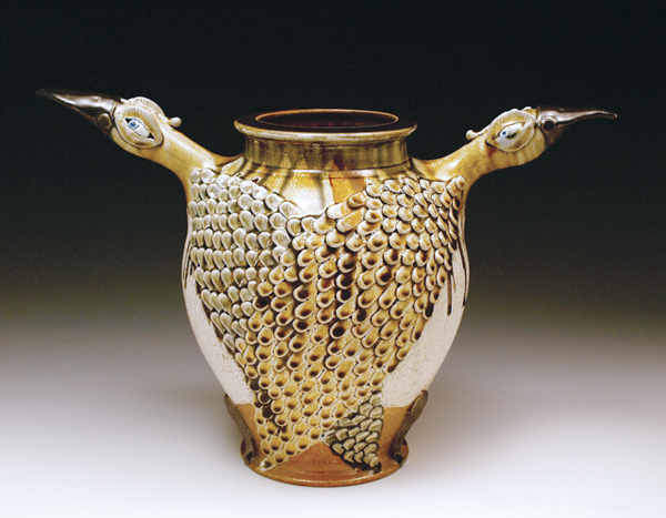 1 Double-necked bird vase, 19 in. (48 cm) in width, crackle slip, wood-ash glazes, 2016. 