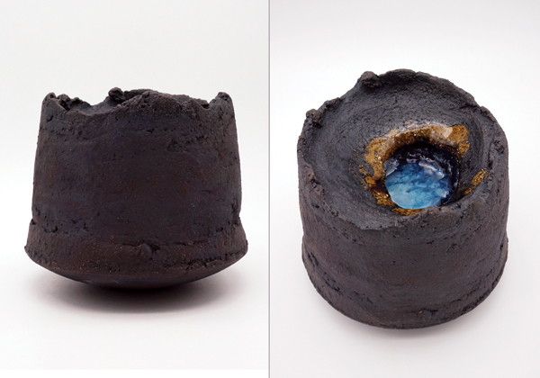 1 Crater, 4½ in. (11 cm) in height, clay, terra sigillata, plaster, frit, oxides, fired to cone 2 in oxidation, 2019. 