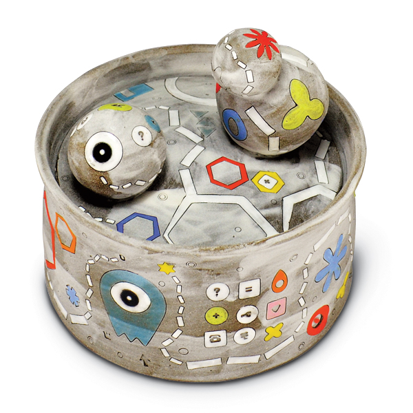 3 Masa Sasaki’s Gray One-Eyed Alien jar, 6 in. (15 cm) in diameter, ceramic, fired to cone 6 in oxidation.