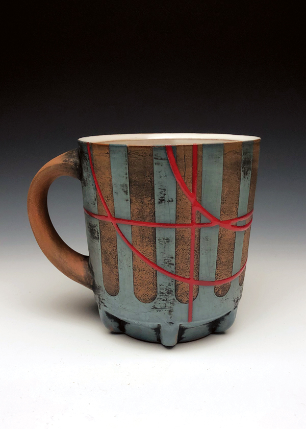 1 Mug, 5 in. (13 cm) in diameter, red stoneware, terra sigillata, glaze, fired to cone 5 in an electric kiln, 2018.