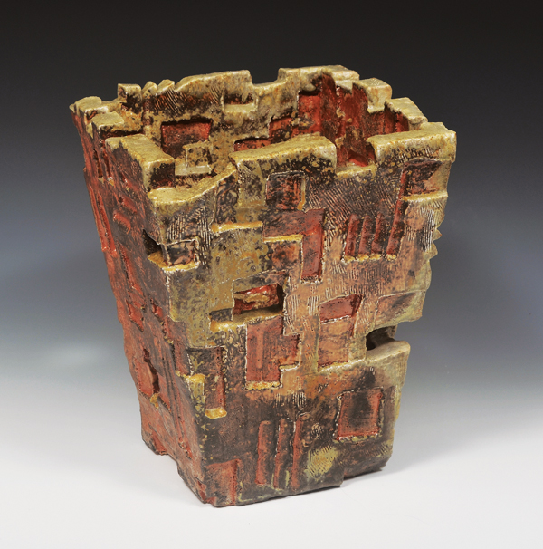 1 Joel Brown’s Structure No. 5, 12 in. (30 cm) in height, handbuilt stoneware, shino glaze, wood fired in a noborigama kiln to cone 11, 2018. Photo: Steve Katz.