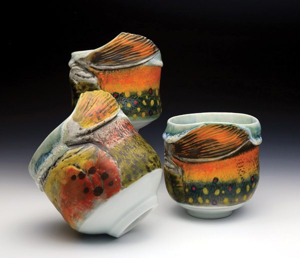 Trout Yunomi, 5 in. (13 cm) in height, handbuilt porcelain, underglaze, fired to cone 10 in reduction.
