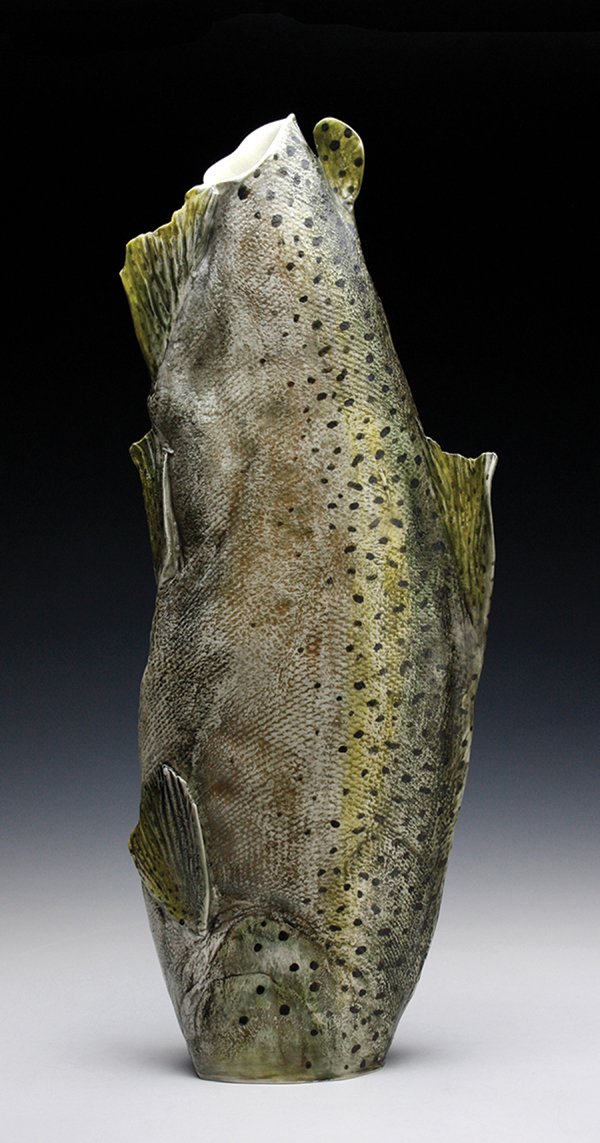 15 Diving Trout, 24 in. (61 cm) in height, handbuilt porcelain, underglaze, fired to cone 10 in reduction.