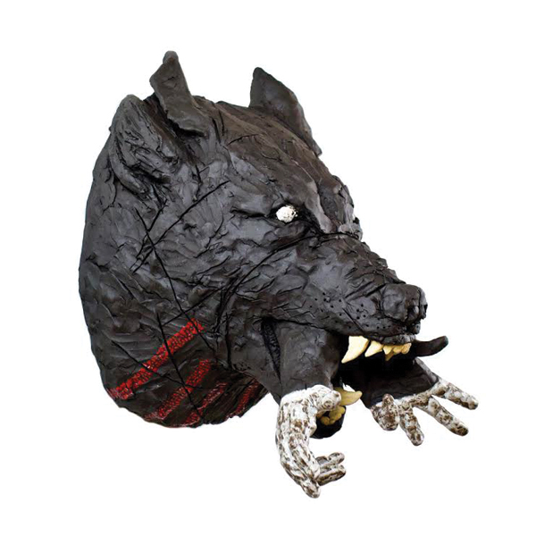 2 Raven Halfmoon’s Wolf (Ta’-sha) Leads the Caddo People Out of Darkness, 24 in. (61 cm) in width, mid-range stoneware, glaze, fired in an electric kiln, 2018. 