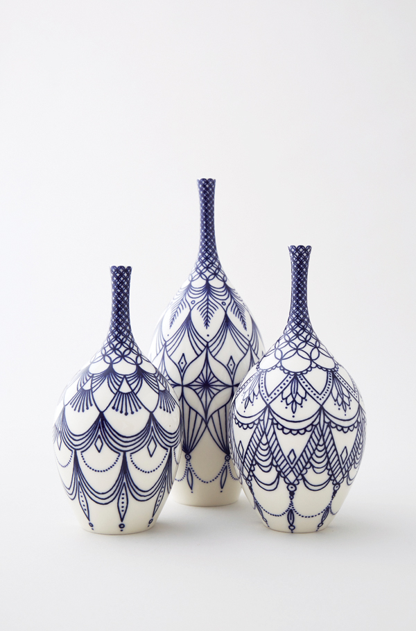 5 Mandala Bottles, to 8 1/2 in. (22 cm) in height, wheel-thrown and hand-painted porcelain. Photo: Yeshen Venema.