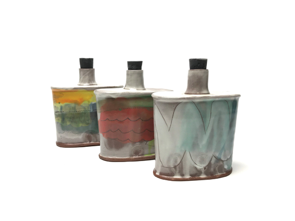 3 Whiskey flasks, 4¼ in. (11 cm) in height each, earthen red clay, slips, underglaze, glaze, fired to cone 6 in an electric kiln, 2018.