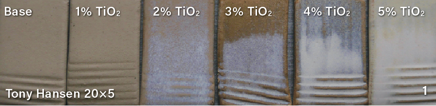 1 Increment titanium dioxide (TiO2) tests with Tony Hansen 20×5 glaze base.