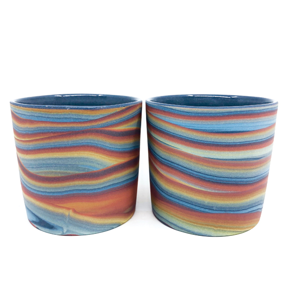 3 Dark rainbow tumblers, 3 1/4 in. (8 cm) in diameter each, colored porcelain, 2018. 