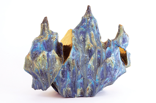 1 John Zimmerman’s Tectonic Regime #3, 22 in. (56 cm) in width, ceramic, glaze, gold luster.