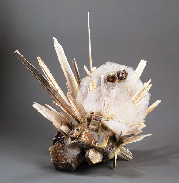 3 Renee Brown’s Rutile, Amethyst Vanadinite, Sheer Quartz, 20 in. (51 cm) in height, handbuilt cone-6 porcelain, wood, acrylic, mixed media, 2019.