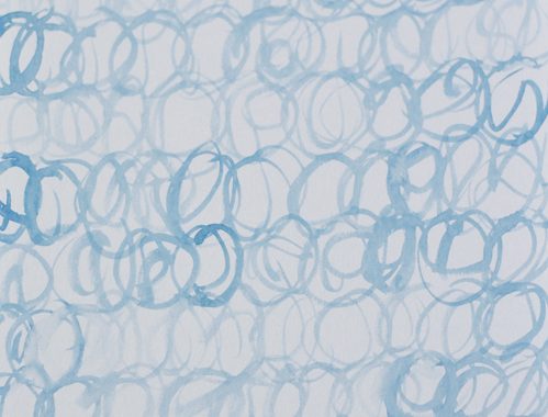 2 Watercolor Layer #1: Pale teal circles applied to watercolor paper in a repeating pattern and then dried.