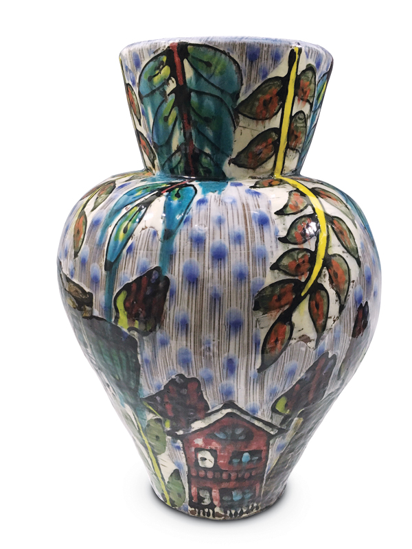 4 MOM, 18 in. (46 cm) in height, earthenware, slip, underglaze, glaze, fired to cone 02.