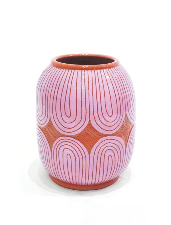 2 Pink Petaled Planter, 11½ in. (29 cm) in height, terra cotta, slip, sgraffito, 2019.