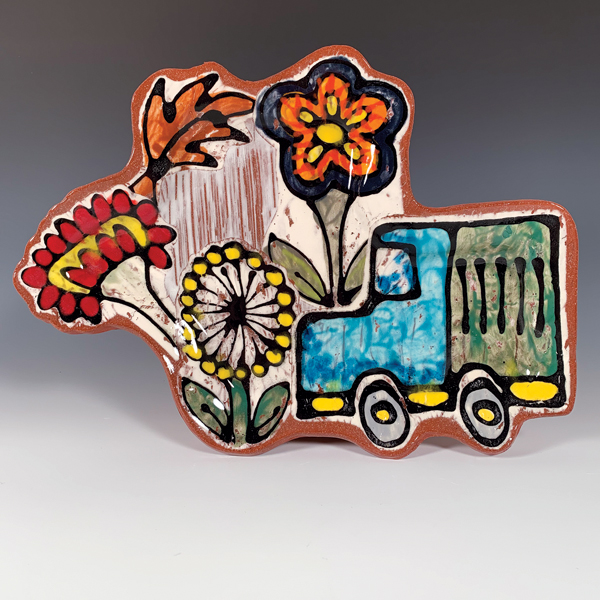 2 Arthur Halvorsen’s Box Truck Plate, earthenware, slip, underglaze, glaze, fired to cone 02, 2019. 