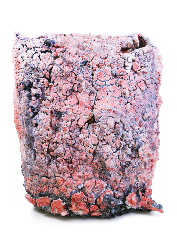 4 Adam Knoche’s Crust, 18 in. (46 cm) in height, handbuilt basalt clay, slips, underglazes, glaze, oxides, fired in oxidation to cone 6, 2019. 