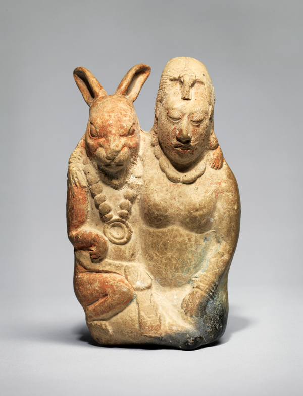 2 Moon goddess and rabbit, Maya, Jaina Island or vicinity, Campeche, Mexico, ceramic, red and Maya blue pigment, 600–800 CE. 