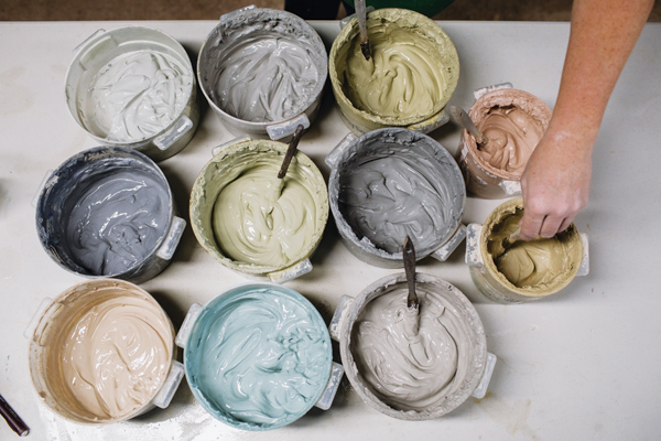 2 Prepare a palette of colored slips to use in advance of starting each batch of pots.