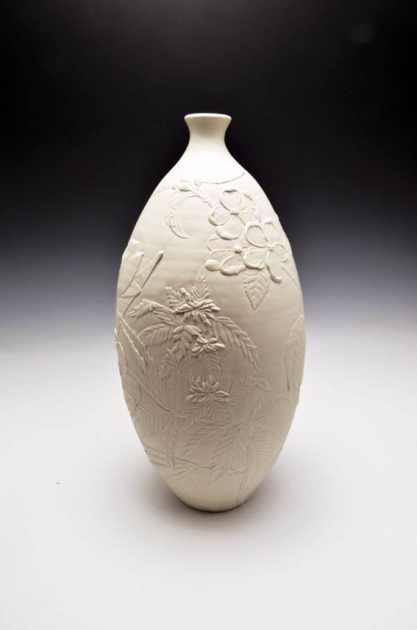 Beauty, Sweetness, Control, Intoxication, 15 in. (38 cm) in height, wheel-thrown porcelain, carved and hand polished, fired to cone 6 in an electric kiln.. 