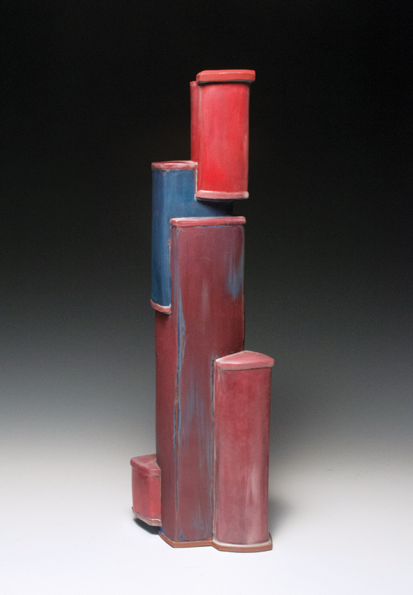 3 Marty Fielding’s bottle, 16 in. (41 cm) in height, handbuilt red stoneware, fired in an electric kiln to cone 4, 2018. 