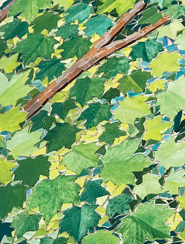  7 The fired glazed tile maple leaves in the spring section, in bright shades of spring green. We filled the spaces between the leaves with cut tile shards.