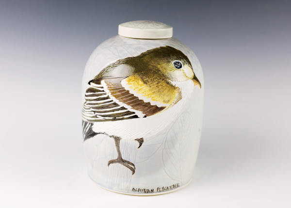 9 Arcadian Flycatcher, 8 in. (20 cm) in height, wheel-thrown mid-range porcelain, carved, underglazes, soda fired, refired with china paint, 2019.