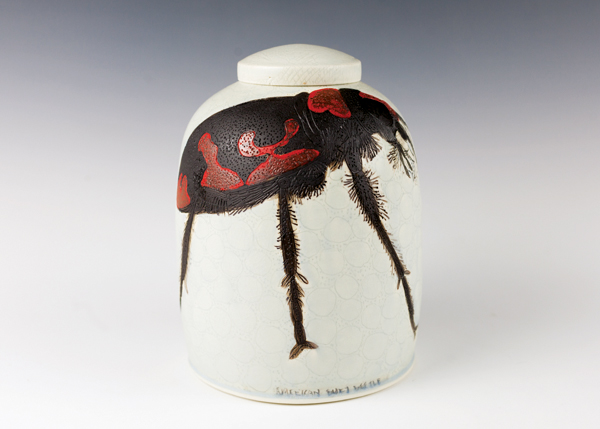 14a American Bury Beetle (front view), 8 in. (20 cm) in height, wheel-thrown mid-range porcelain, carved, underglazes, soda fired, refired with china paint, 2019.