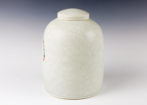 14b American Bury Beetle (back view), 8 in. (20 cm) in height, wheel-thrown mid-range porcelain, carved, underglazes, soda fired, refired with china paint, 2019.