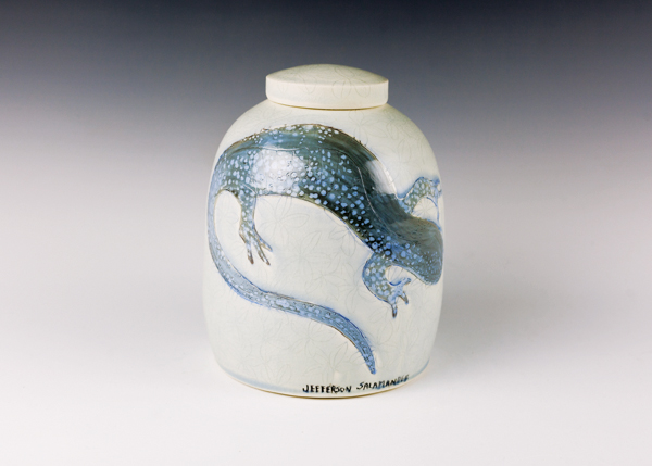 11 Jefferson Salamander, 9 in. (23 cm) in height, wheel-thrown mid-range porcelain, carved, underglazes, soda fired, refired with china paint, 2019.