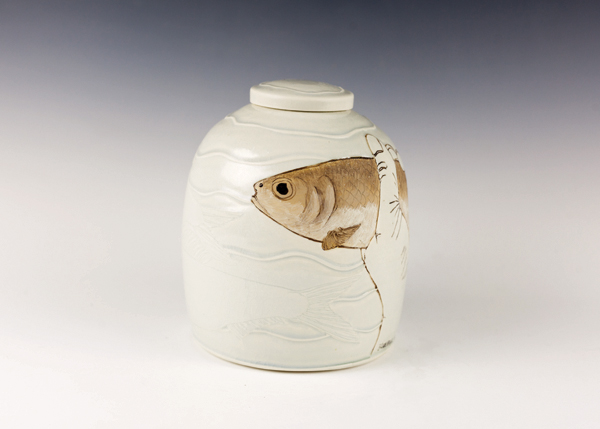 4a Blueback Herring (view 1), 8 in. (20 cm) in height, wheel-thrown mid-range porcelain, carved, underglazes, soda fired, refired with china paint, 2019.