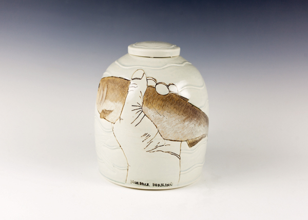 4b Blueback Herring (view 2), 8 in. (20 cm) in height, wheel-thrown mid-range porcelain, carved, underglazes, soda fired, refired with china paint, 2019.