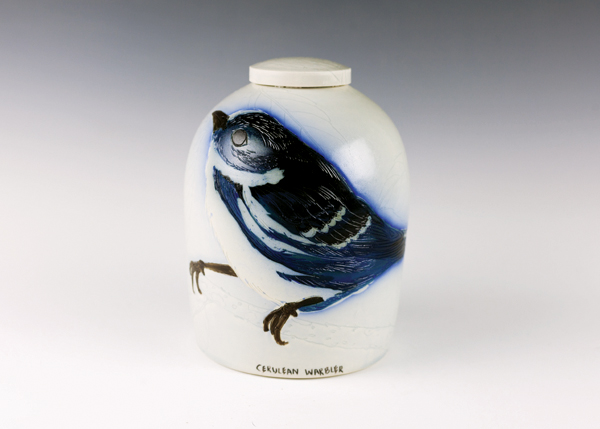 5 Cerulean Warbler, 8 in. (20 cm) in height, wheel-thrown mid-range porcelain, carved, underglazes, soda fired, refired with china paint, 2019.