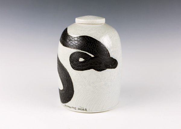 6 Eastern Ratsnake, 9 in. (23 cm) in height, wheel-thrown mid-range porcelain, carved, underglazes, soda fired, refired with china paint, 2019.