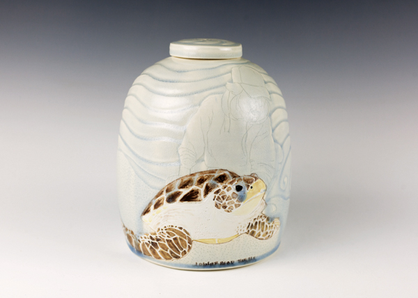2 Loggerhead Turtle, 8 in. (20 cm) in height, wheel-thrown mid-range porcelain, carved, underglazes, soda fired, refired with china paint, 2019.