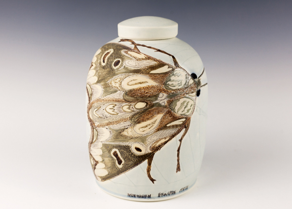 3 Northern Brocade Moth, 9 in. (23 cm) in height, wheel-thrown mid-range porcelain, carved, underglazes, soda fired, refired with china paint, 2019.