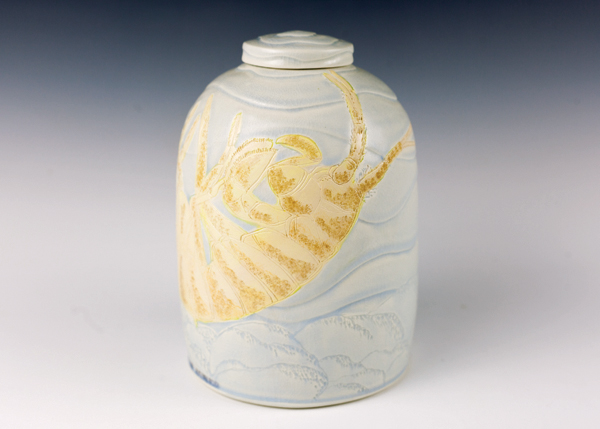 13a Taconic Cave Amphipod (view 1), 8½ in. (22 cm) in height, wheel-thrown mid-range porcelain, carved, underglazes, soda fired, refired with china paint, 2019.