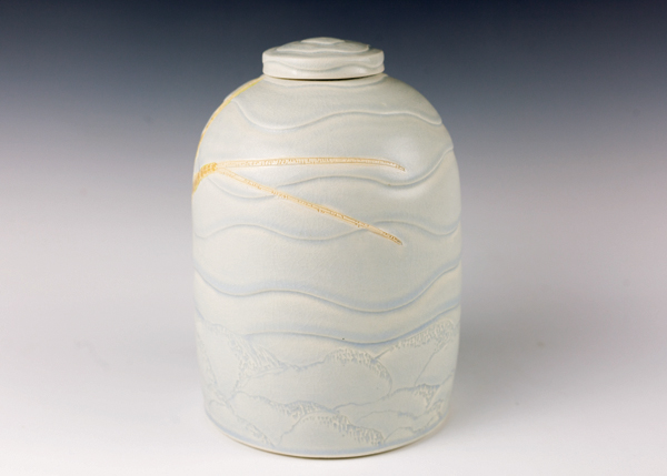 13b Taconic Cave Amphipod (view 2), 8½ in. (22 cm) in height, wheel-thrown mid-range porcelain, carved, underglazes, soda fired, refired with china paint, 2019.