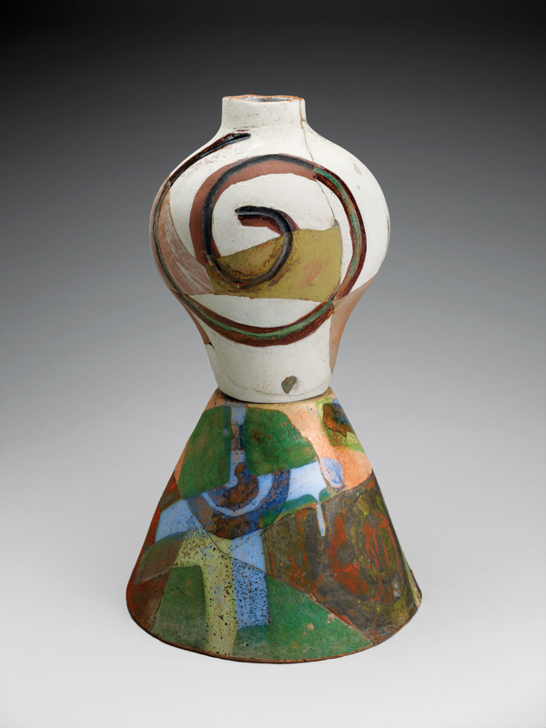 2 Rick Dillingham’s vase on pedestal, 20 in. (51 cm) in height, raku-fired ceramic, 1985. Garth Clark and Mark Del Vecchio Collection, museum purchase funded by the Caroline Weiss Law Accessions Endowment Fund. 