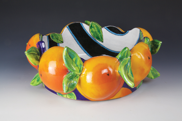 1 Farraday Newsome’s Lively Bowl with Oranges, 14 in. (36 cm) in diameter, terra cotta, fired in an electric kiln, 2017.