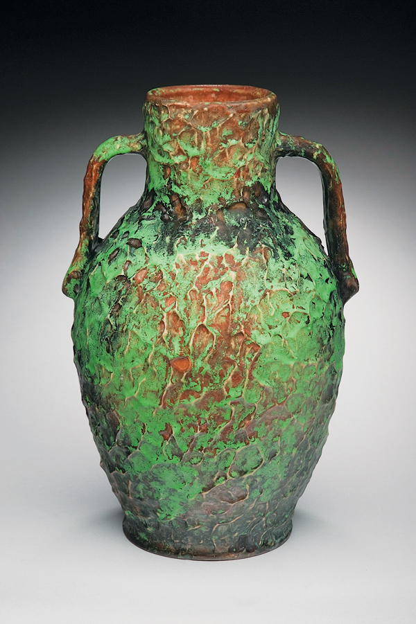 6 Rustic shaped vessel, 11 ¾ in. (29 cm) in height, ceramic, coppertone glaze, Weller Pottery Company. All glazed wares attributed to Stoin M. Stoin. Photo: Walker Montgomery.