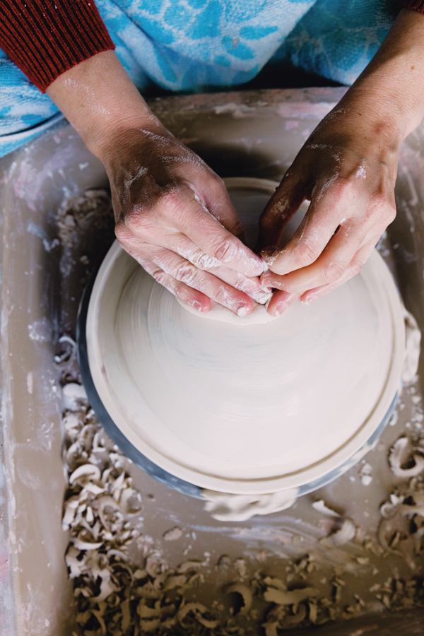 13 Shape the nerikomi slice over a plaster hump mold on the potters wheel.