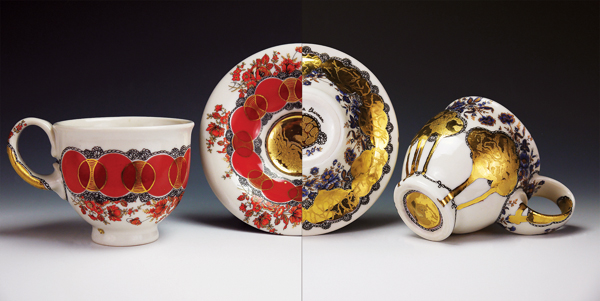 6 Melanie Sherman’s Sammeltassen (front and back views), wheel-thrown porcelain, glaze, fired to cone 6 in oxidation, china paint, vintage decals, raised decals, gold luster, multiple firings from cone 020–018 in oxidation, 2017. 