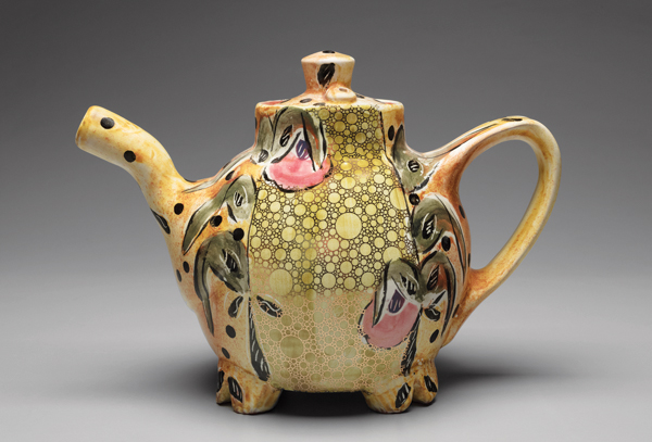 4 Posey Bacopoulos’ Bubble Teapot, 9 in. (23 cm) in width, wheel-thrown and altered earthenware, majolica glaze, fired to cone 04 and to cone 017 in an electric kiln, 2019.