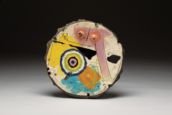 2 Don Reitz’ It Makes Sense to Me, 22½ in. (57 cm) in diameter, low-fire earthenware, engobes, glaze, salt fired, 1990.