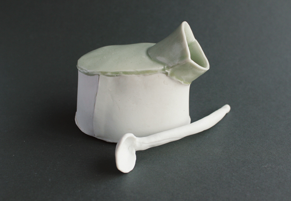 Thomas Hirschler’s sugar bowl and spoon, handbuilt porcelain, celadon glaze, fired in a reduction kiln, ca. 2007. 