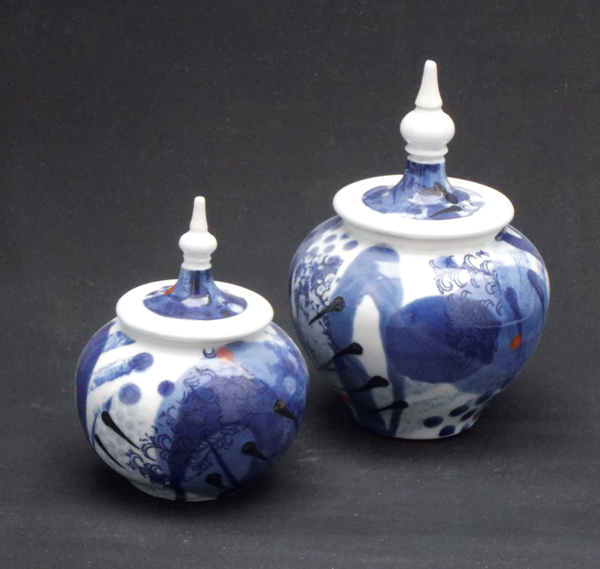 5 Lidded jars, to 5 in. (13 cm) in height, porcelain, blue underglaze slips, Cornish stone glaze, fired to cone 11 in reduction. 