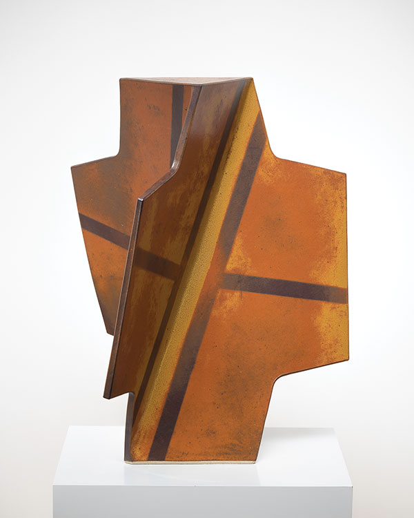 2 John Mason’s Amber Cross with Tracers, 36 in. (91 cm) in height, glazed stoneware, 2004.